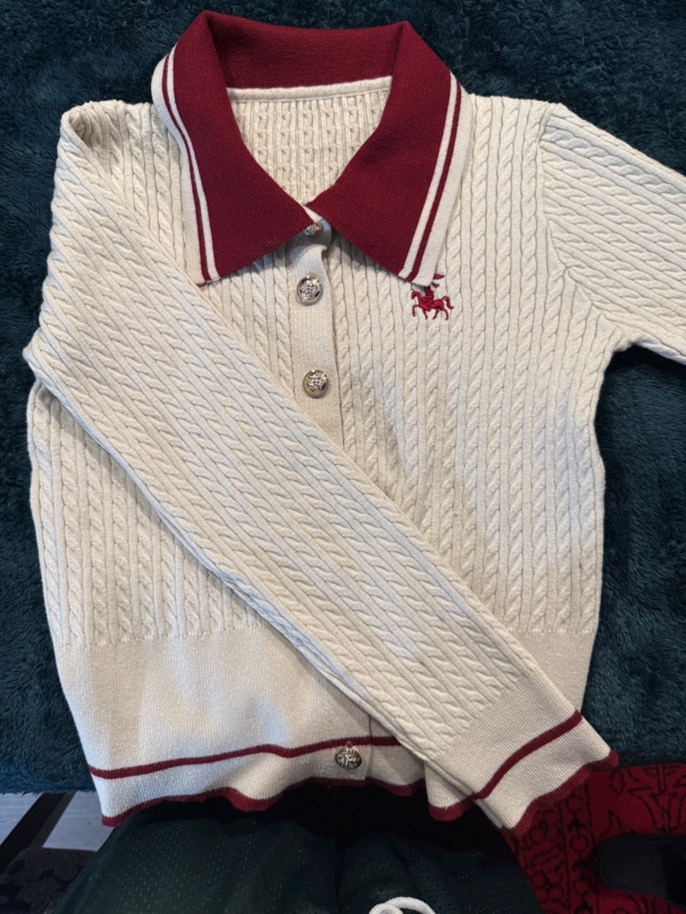Polo by Ralph Lauren Cream Cable-Knit Cardigan with Burgundy Collar